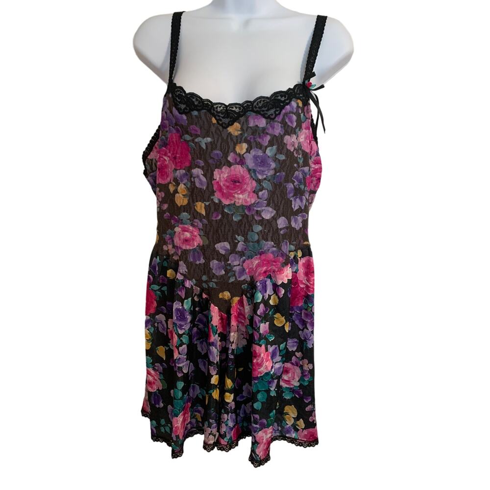 Featherbed Intimates Vintage One Piece Lace Trim Silky Romper Boudoir Large